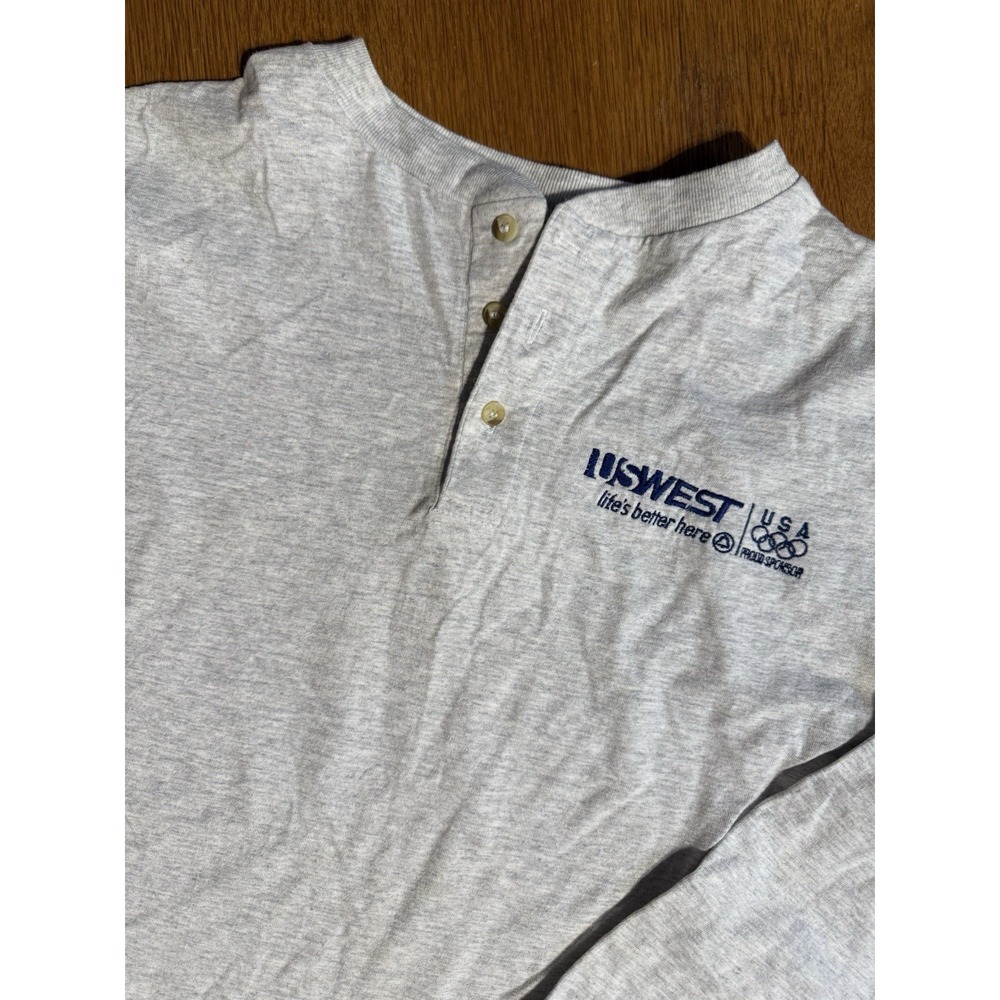 Vintage US West USA Olympics Henley Shirt Mens L Union Line Gray Long Sleeve USA